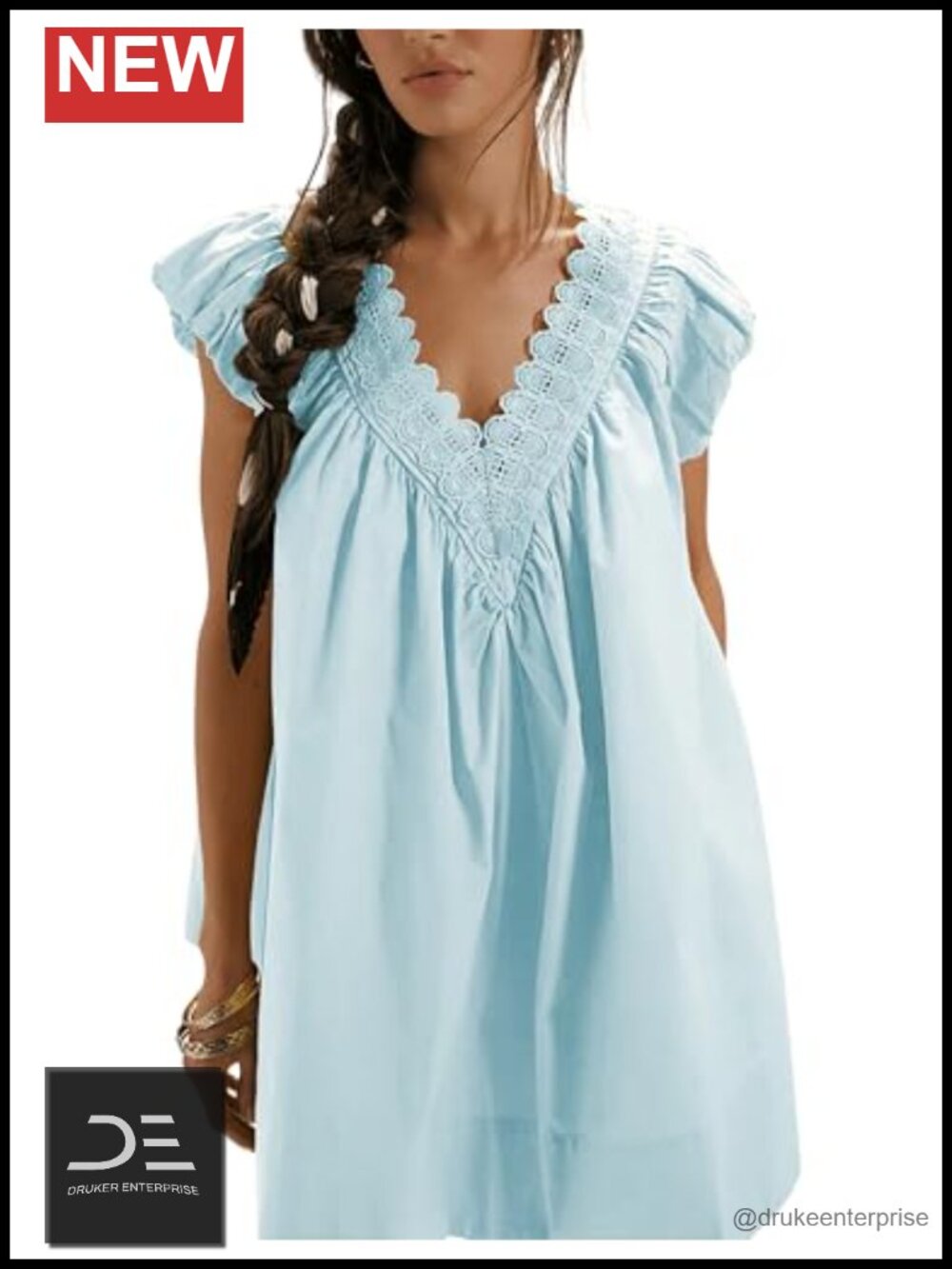 Cotton Babydoll Mini Dress with Lace Trim V-Neck Puff Sleeve